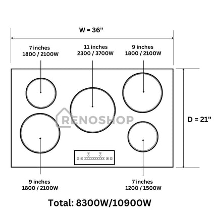 36 Inch Induction Cooktop in Black with 5 Elements TIH36