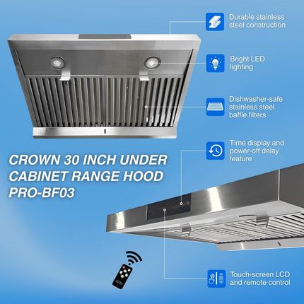 Crown 30 Inch 800 CFM Under Cabinet Range Hood with Remote PRO-BF03 -  Range Hood - Crown