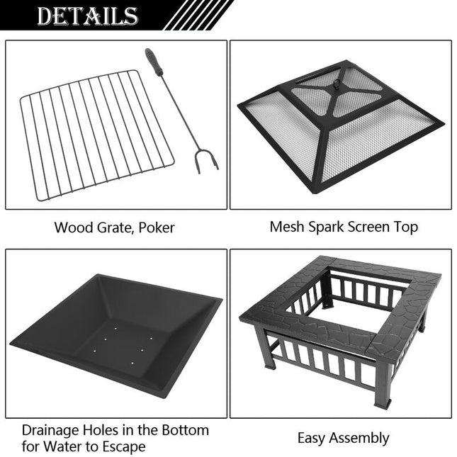 Crown Squared 32" Firepit, BBQ outdoor steel wood burning Fireplace