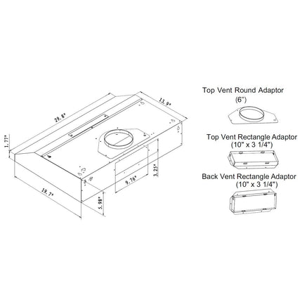 30" 500 CFM Under Cabinet Range Hood-PROFT10-dimension