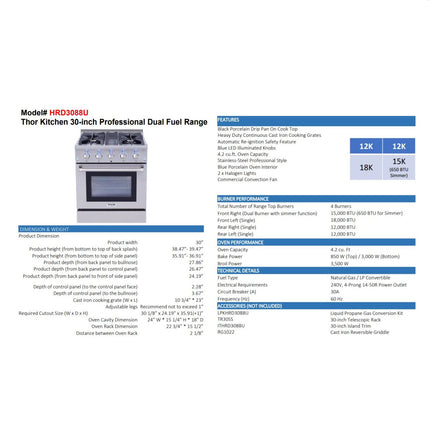 Thor Kitchen HRD3088U 2018 Model Dual Fuel Stainless Steel Range 30 Inches - RenoShop