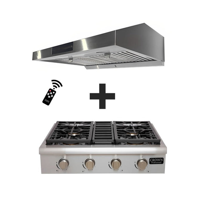 30" Gas Range Top + 30" Undermount Range Hood, 2-pc Set